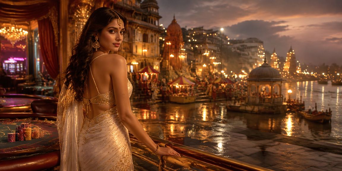 Indian woman celebrating casino win in traditional saree