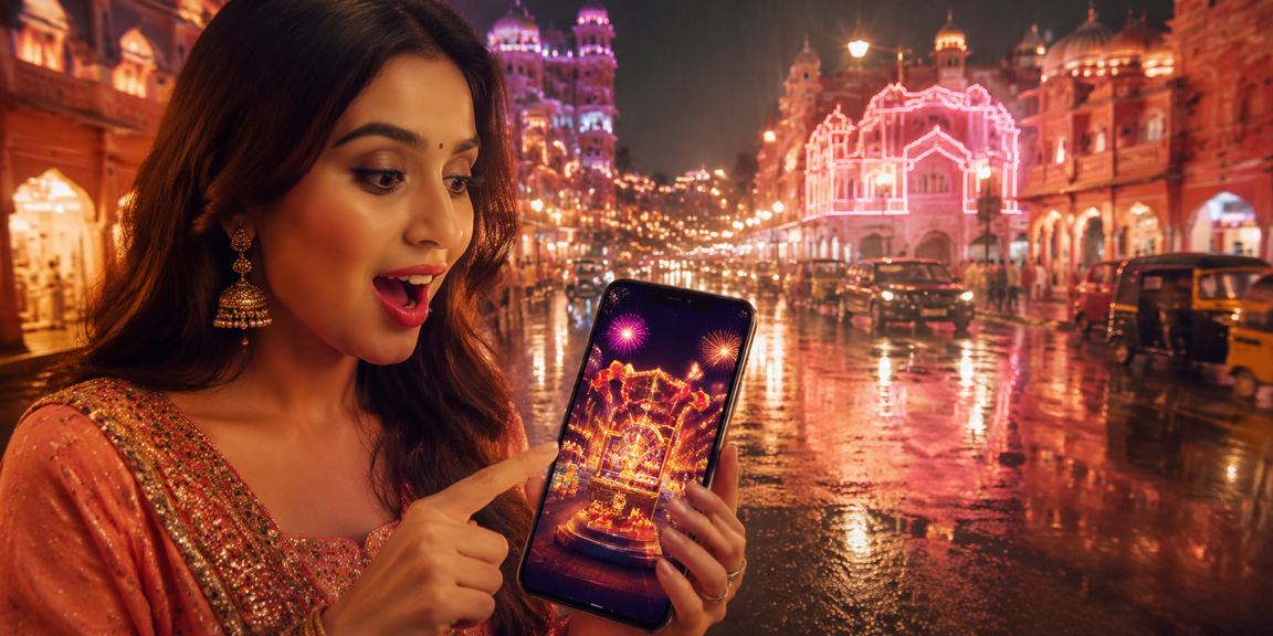 Exciting night market scene with mobile gaming in Jaipur